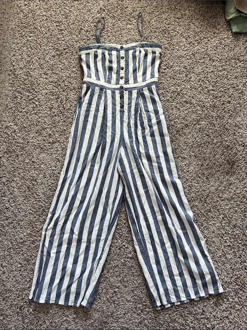American Eagle Outfitters Navy and White Striped Spaghetti-Strap Jumpsuit